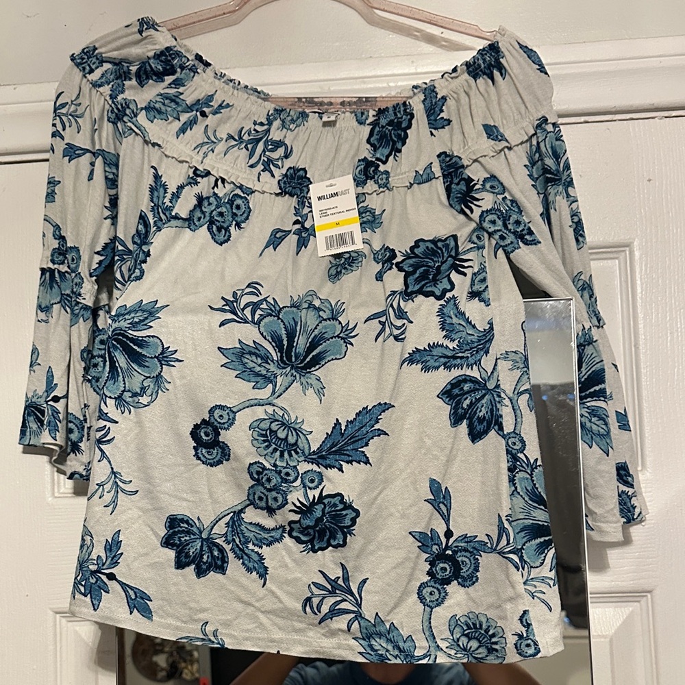 William Rast White and Blue Floral Off-Shoulder Blouse